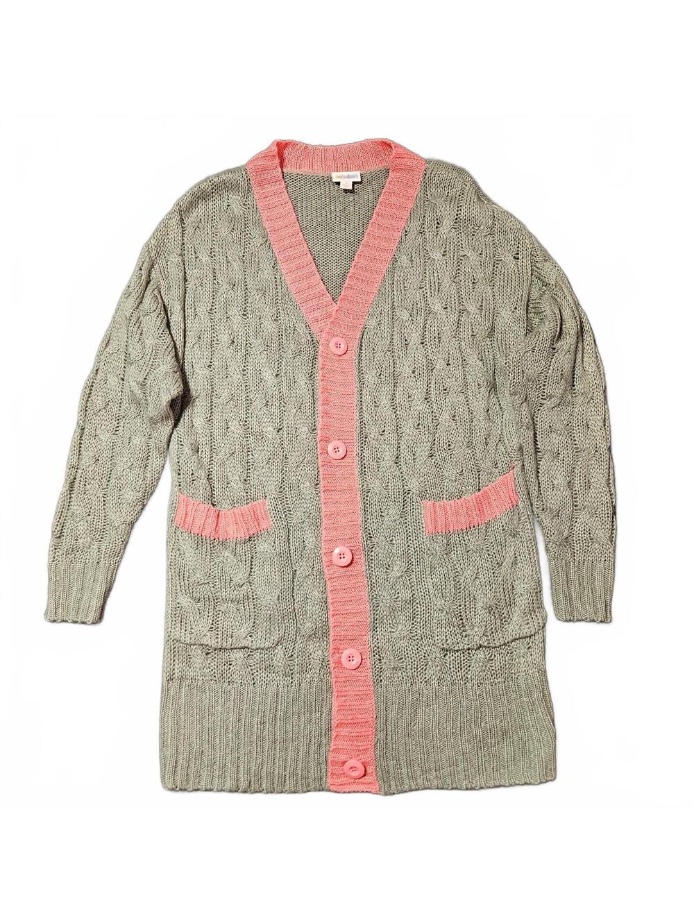 Lularoe Women's Size S Gray Cable Knit Cardigan with Pink Trim Soft Duster Long